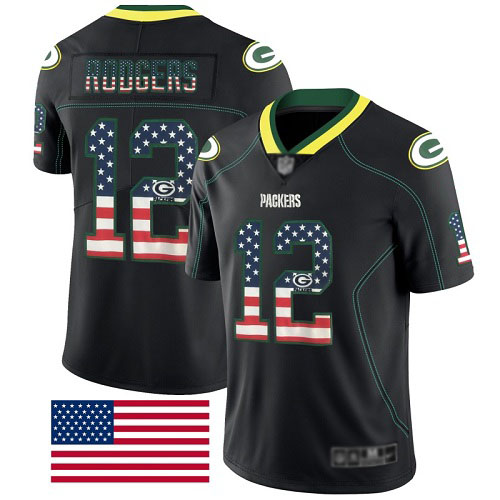 Green Bay Packers Limited Black Men #12 Rodgers Aaron Jersey Nike NFL Rush USA Flag->nfl t-shirts->Sports Accessory